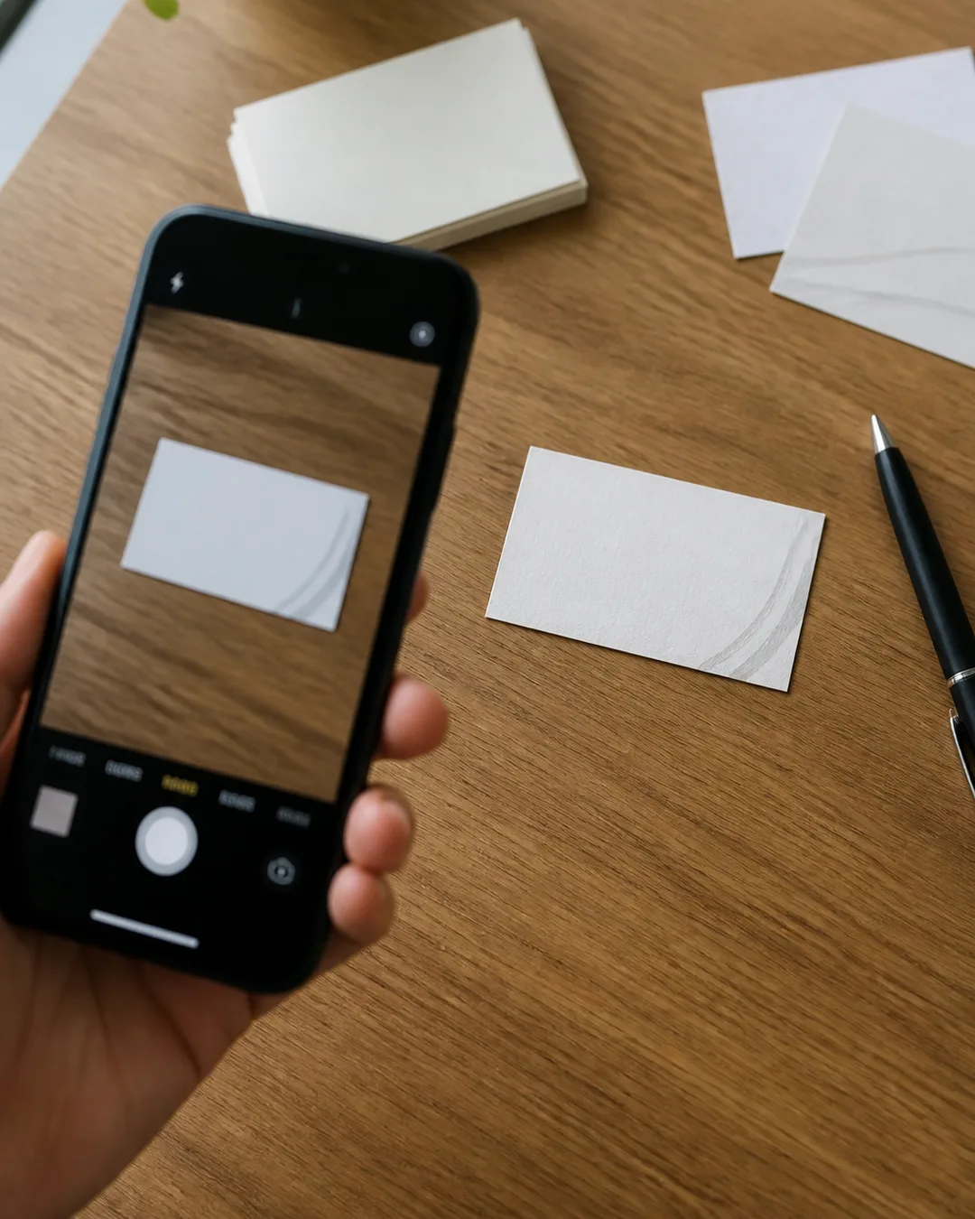 名刺は、会社のLINEに送っておくだけ。机の上の名刺をスマホで撮る手元